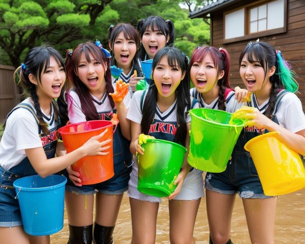 Group of Young Women with Paint Buckets Outdoors