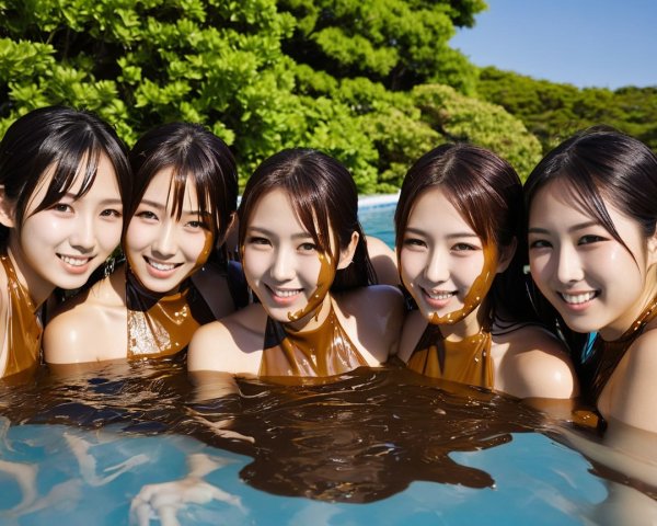 Young women playfully posing in a pool with mud