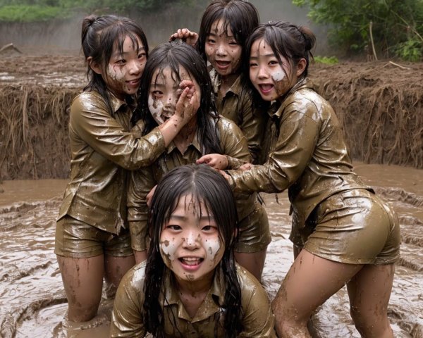 Five girls playfully posing in a muddy setting