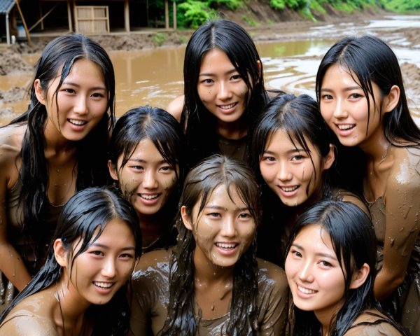 Group of Nine Young Women Smiling Outdoors in Mud