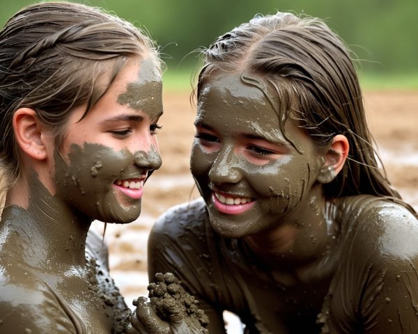Young girls playing joyfully in mud outdoors