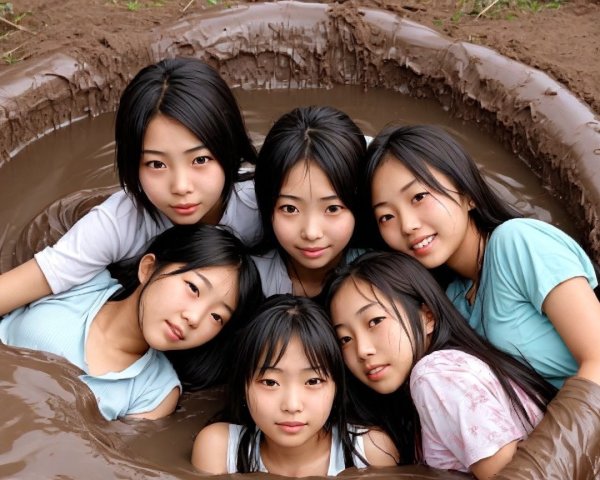 Young Girls Playing in a Muddy Outdoor Pit