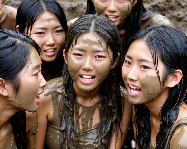 Young women smiling with playful mud on their faces