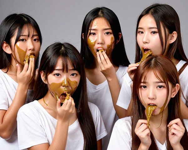Group of Young Women in White Shirts with Golden Faces