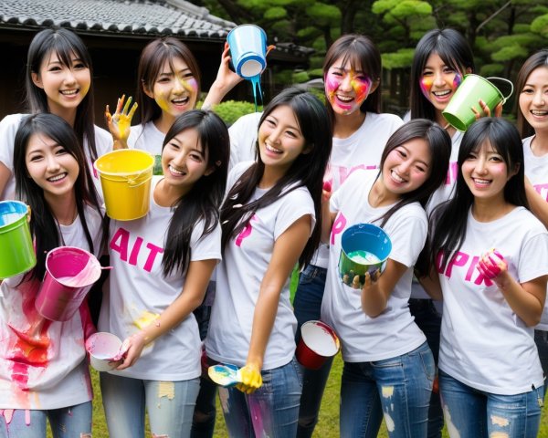 Group of Young Women with Paint Buckets Outdoors