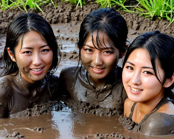 Young women play in a muddy rice paddy scene