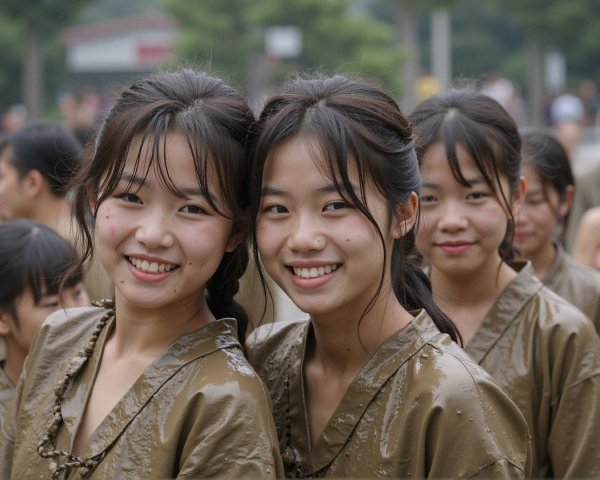 Cheerful Young Girls in Traditional Brown Garments