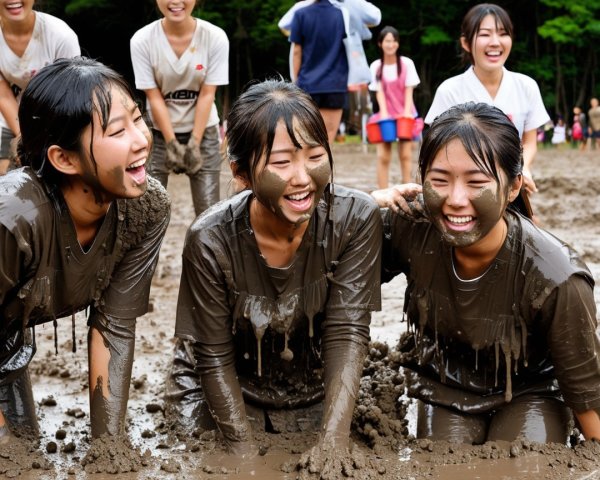 Young women playing joyfully in a muddy field