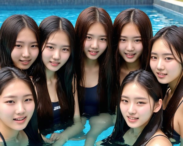 Group of Young Women in Pool with Matching Swimwear
