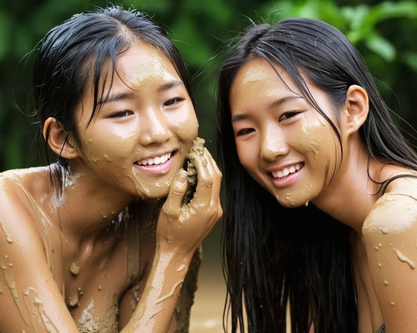 Young women covered in mud in outdoor setting