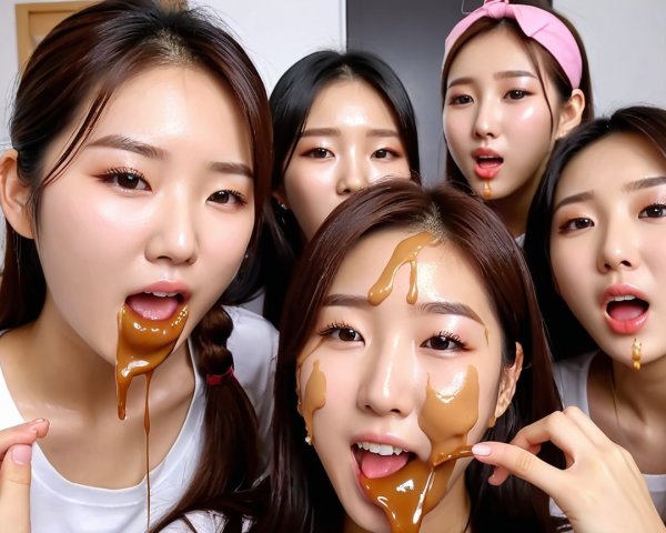 Young women playfully interacting with caramel substance