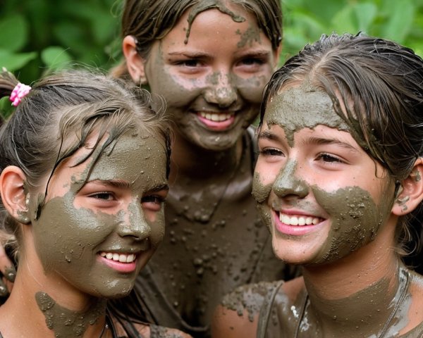 Young girls with green mud faces in outdoor setting