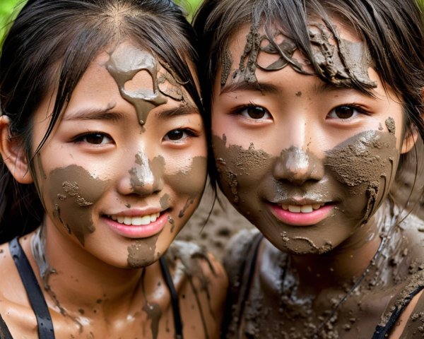 Young women with muddy faces in playful outdoor setting