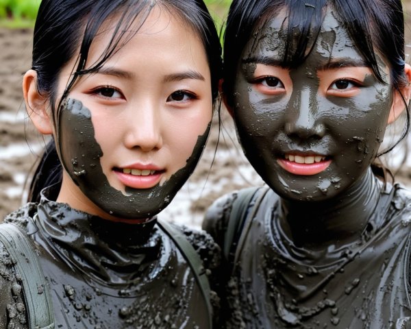 Young Women Smiling with Mud-Covered Outfits Outdoors