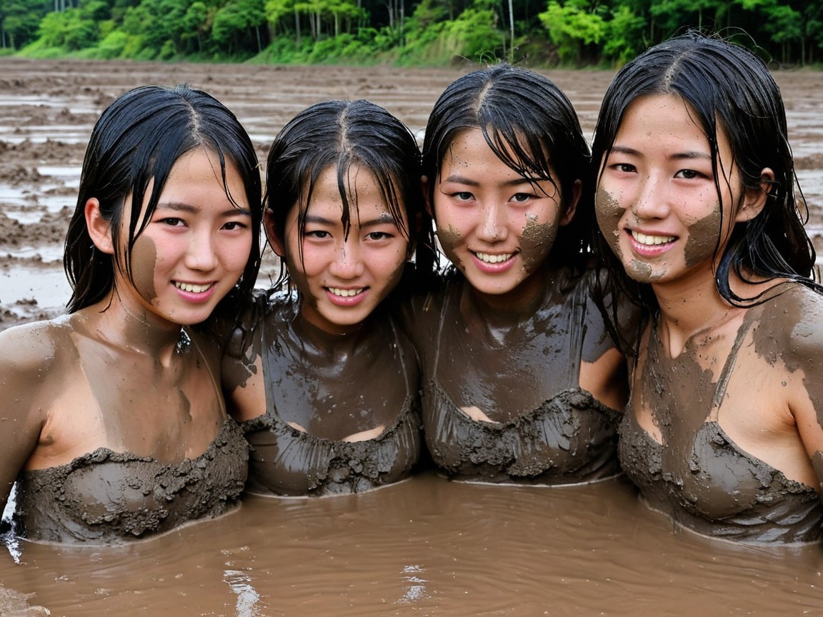 Young women playfully posing in muddy field setting