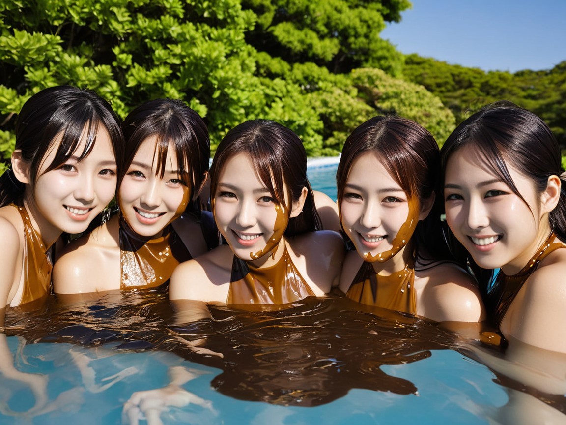 Young women playfully posing in a pool with mud
