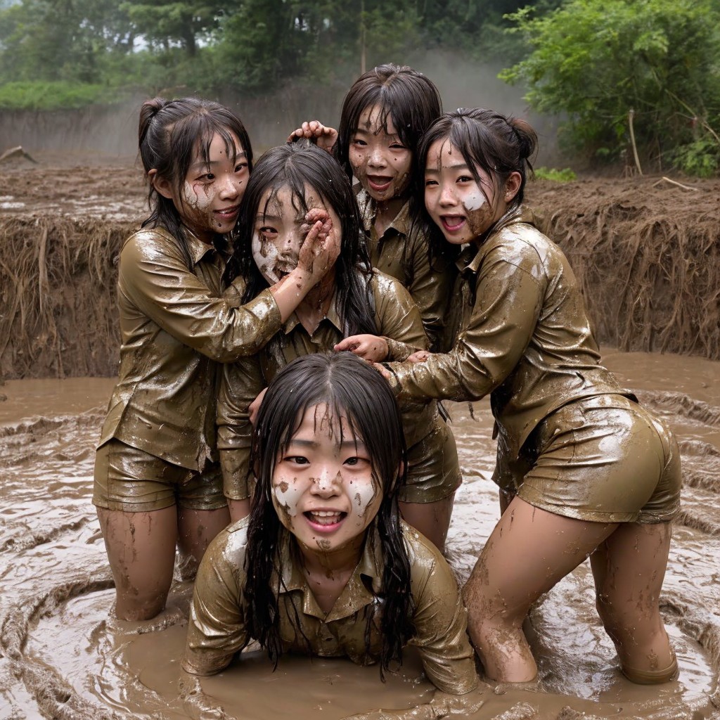 Five girls playfully posing in a muddy setting