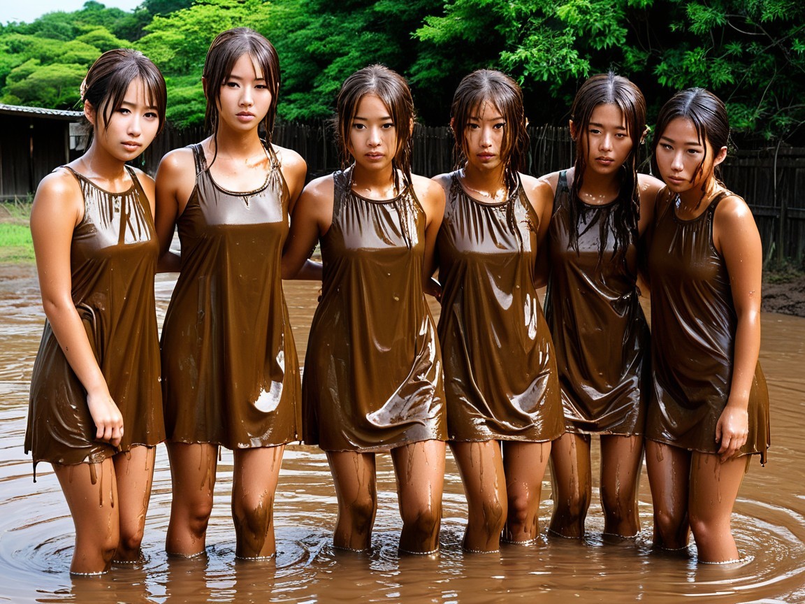 Young women in shiny dresses in muddy water scene