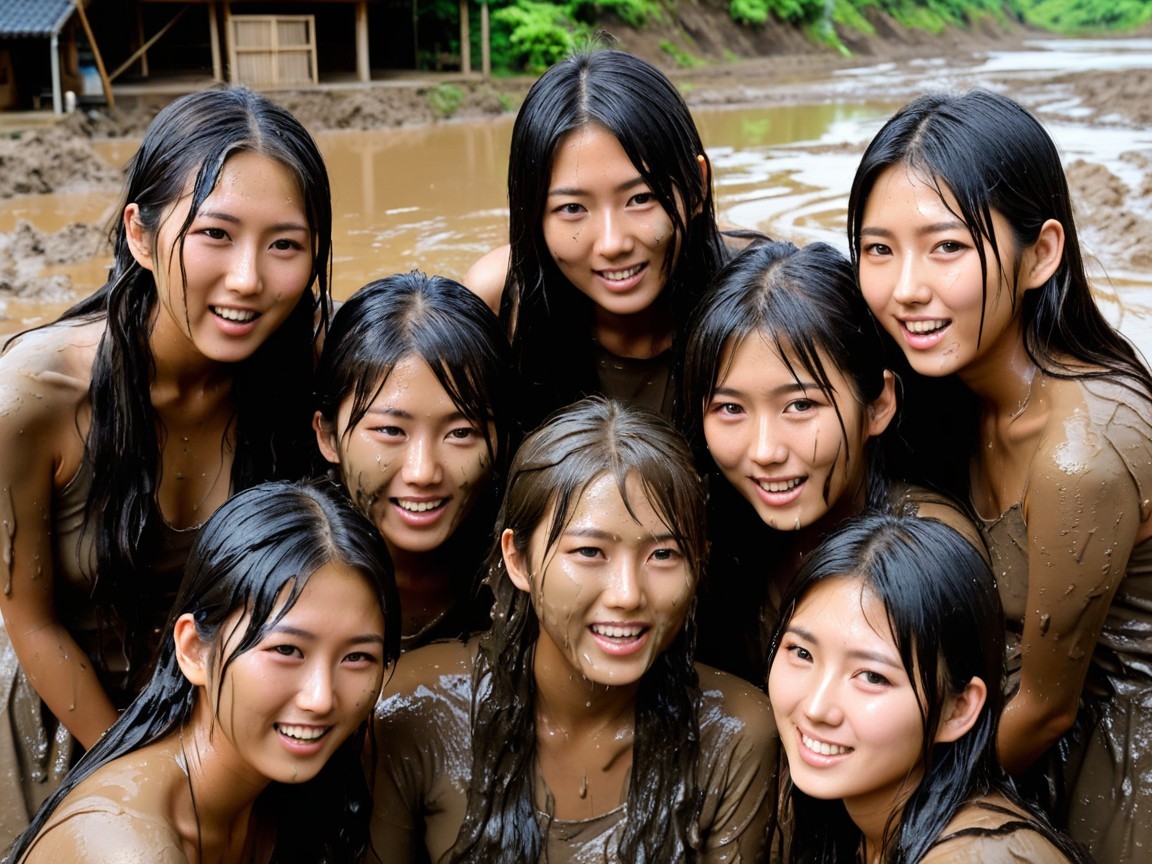 Group of Nine Young Women Smiling Outdoors in Mud