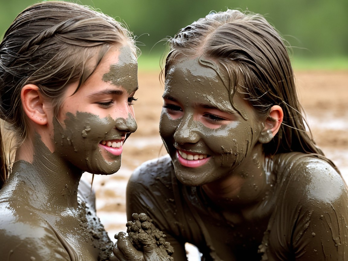Young girls playing joyfully in mud outdoors