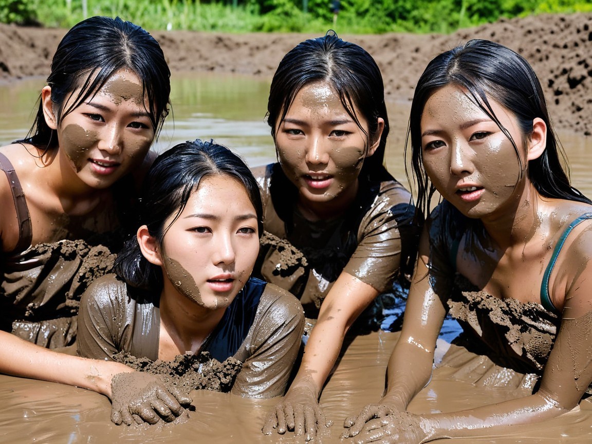 Young women playfully posing in muddy outdoor setting