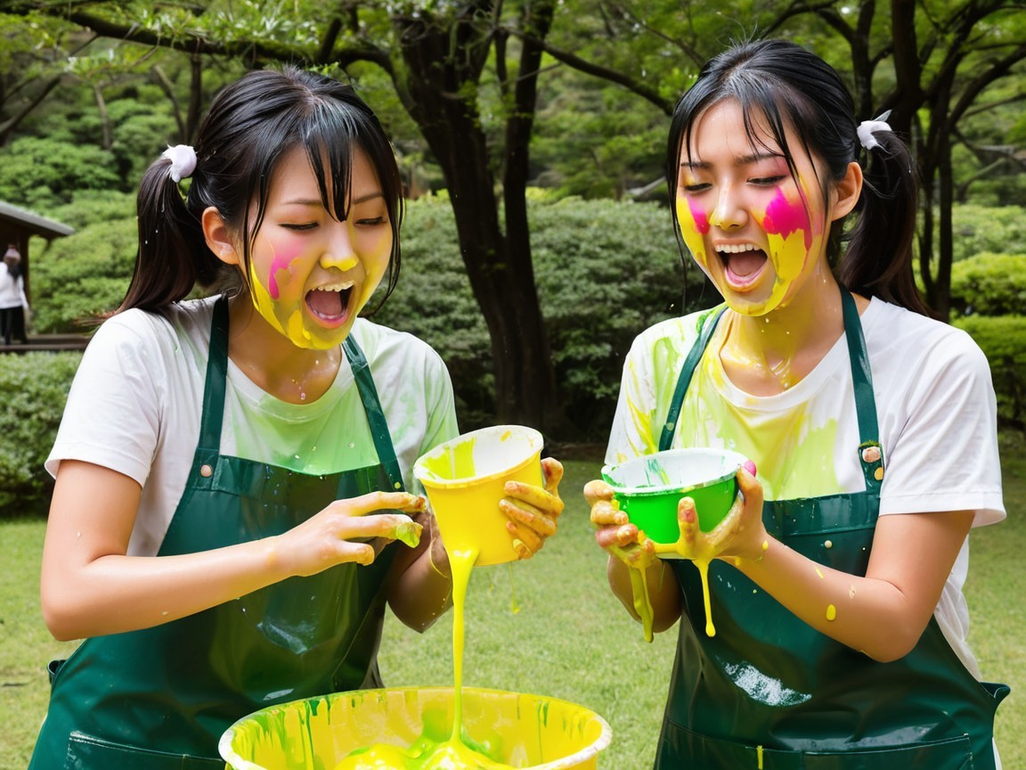 Young women painting outdoors in vibrant colors
