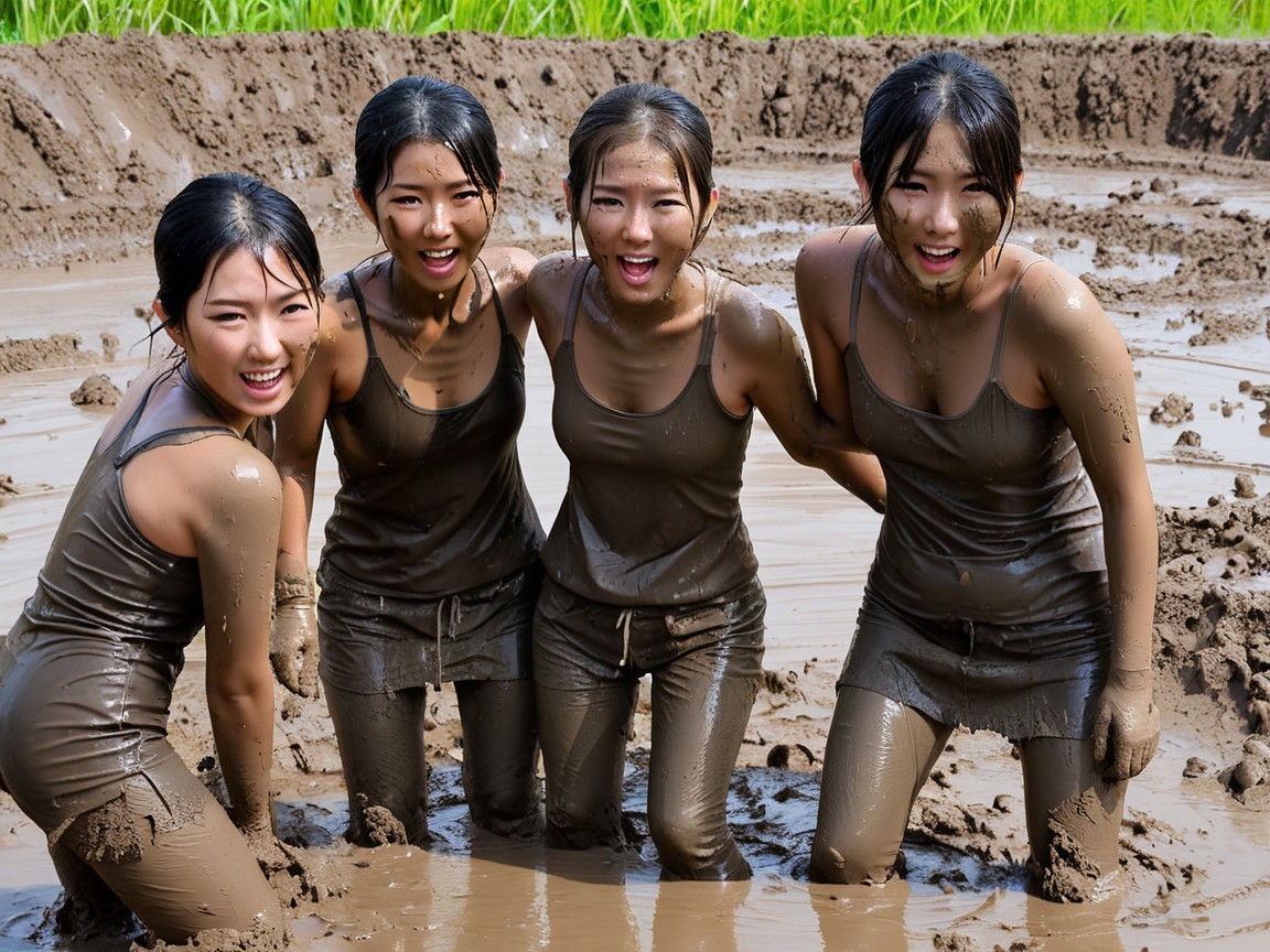 Young women splashing in muddy rice field with laughter