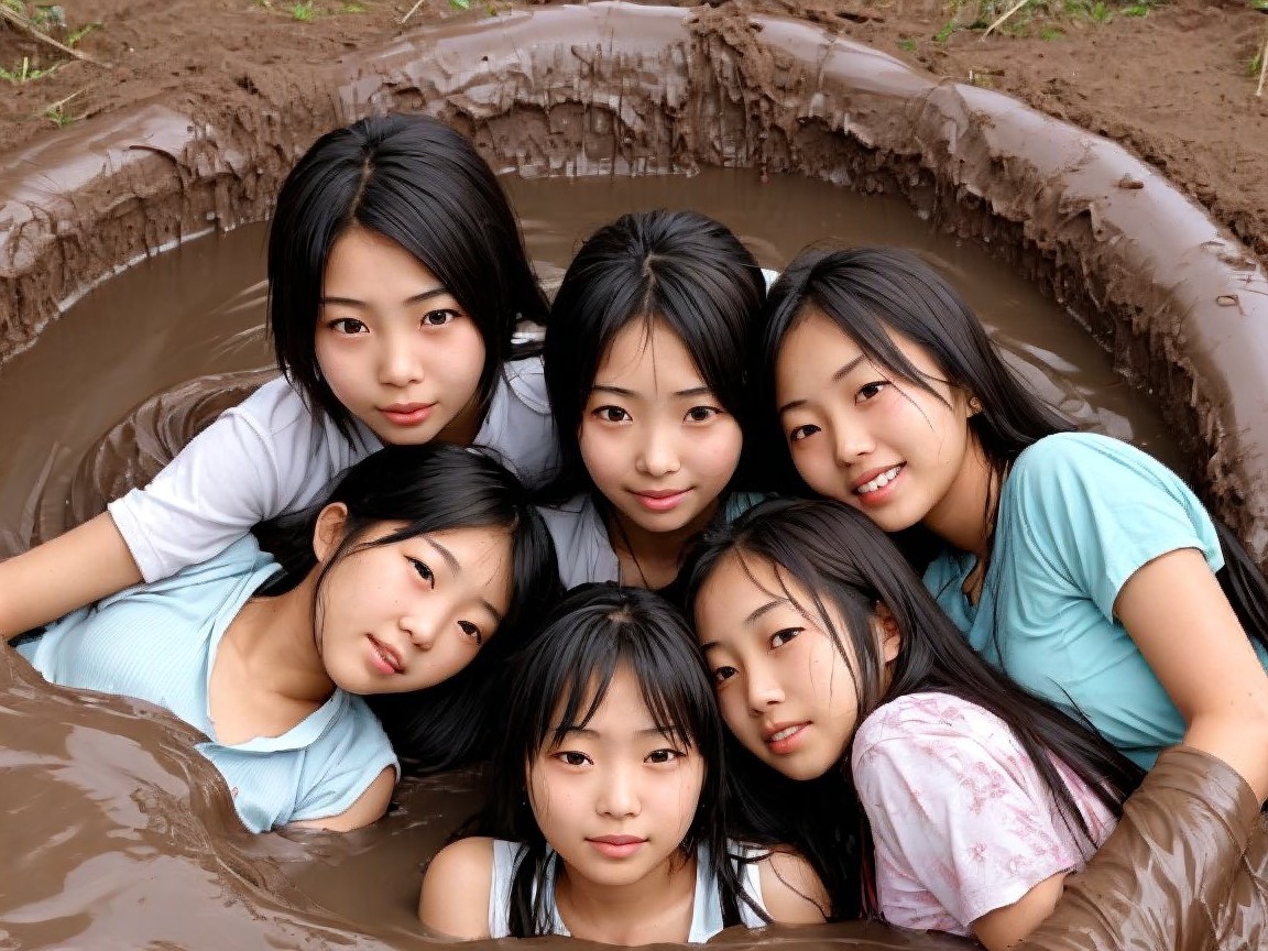 Young Girls Playing in a Muddy Outdoor Pit