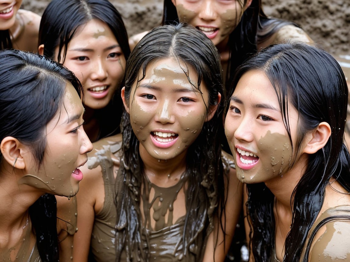 Young women smiling with playful mud on their faces