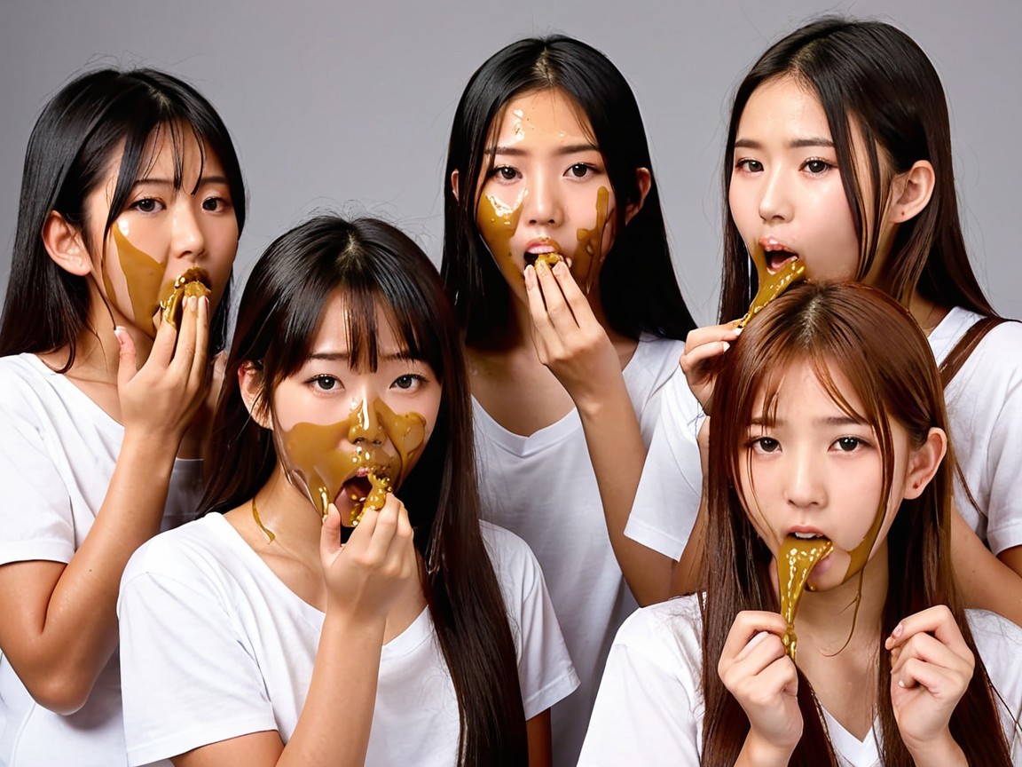 Group of Young Women in White Shirts with Golden Faces