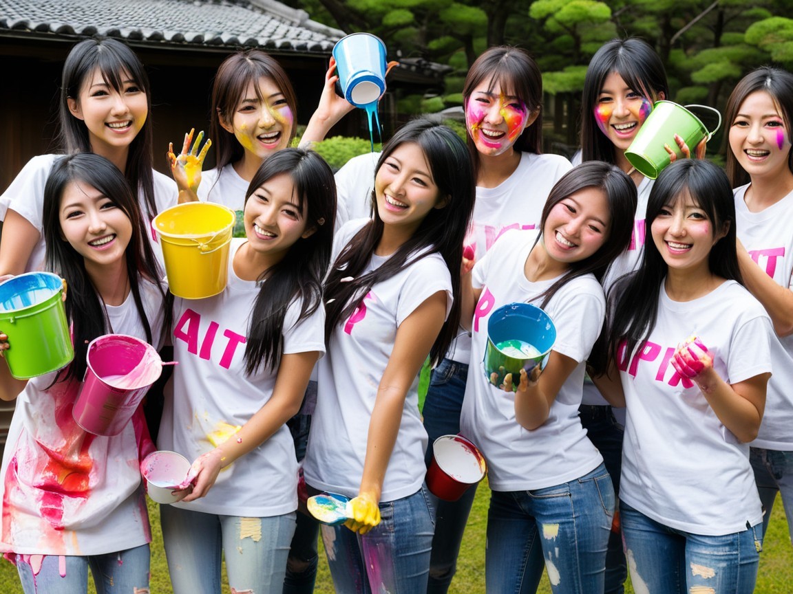 Group of Young Women with Paint Buckets Outdoors