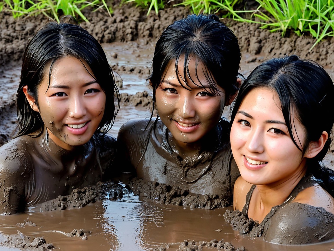 Young women play in a muddy rice paddy scene