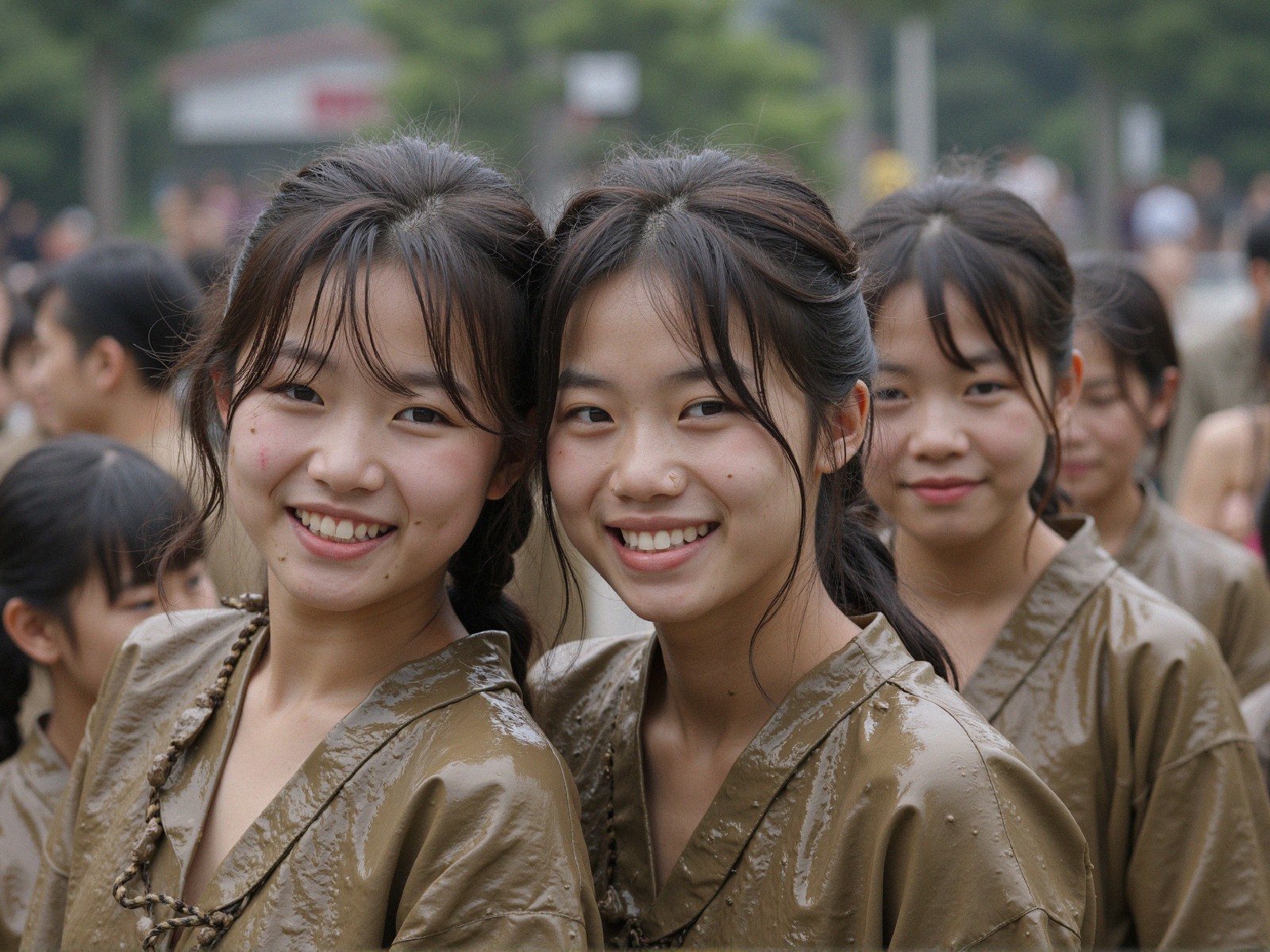 Cheerful Young Girls in Traditional Brown Garments