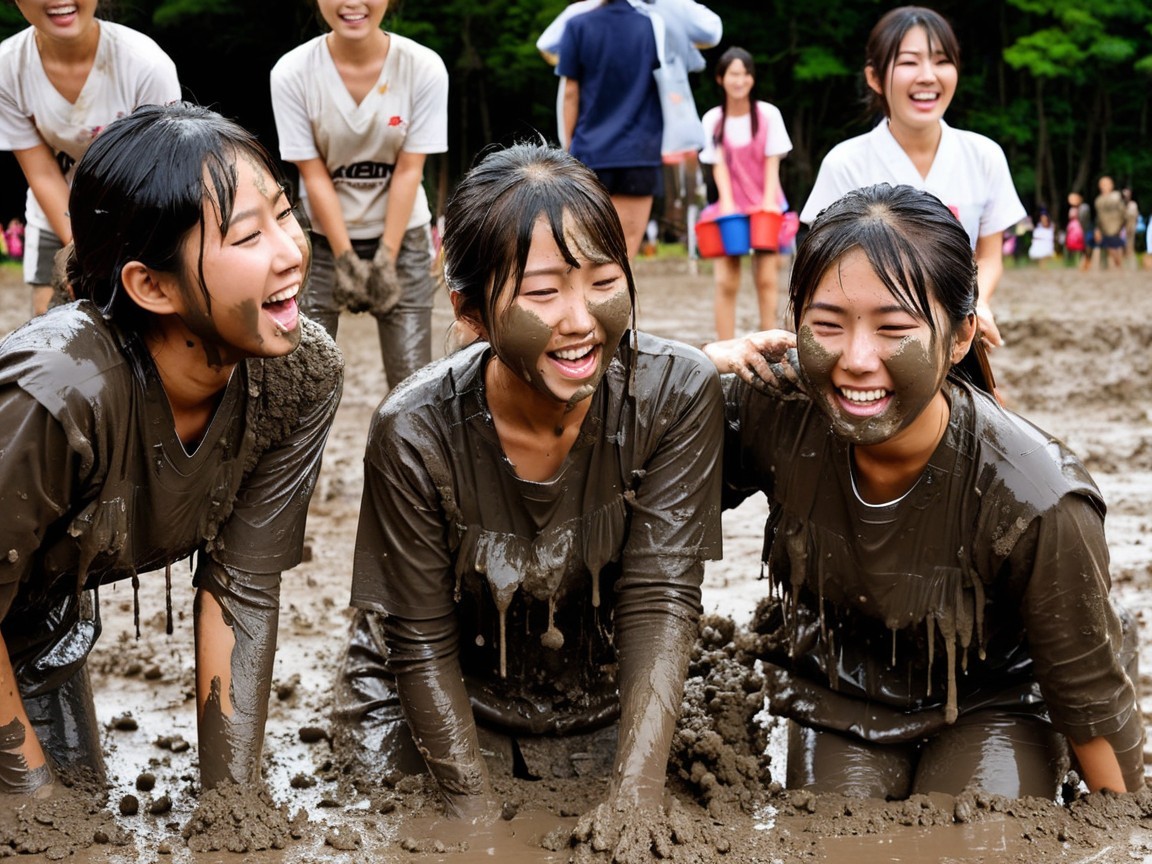Young women playing joyfully in a muddy field