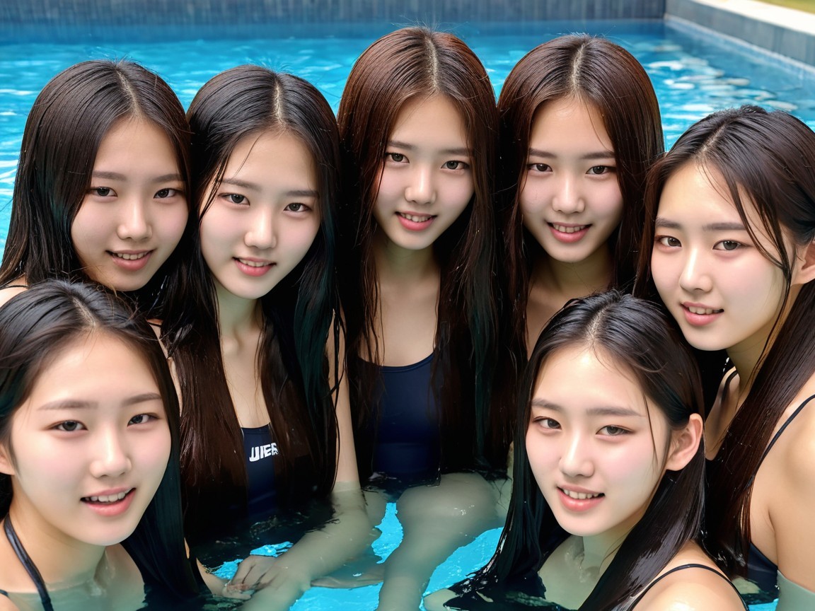 Group of Young Women in Pool with Matching Swimwear