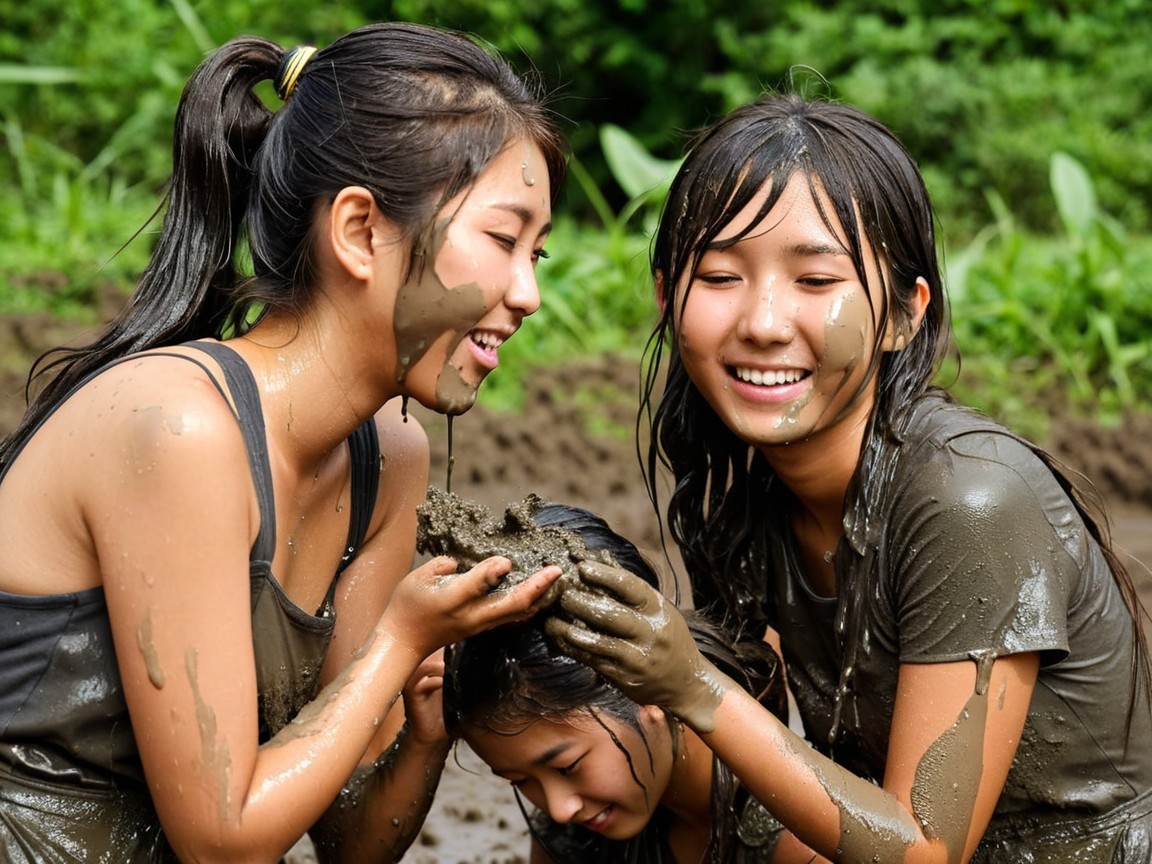 Girls Playing Joyfully in a Muddy Field
