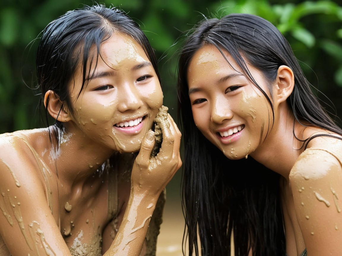 Young women covered in mud in outdoor setting