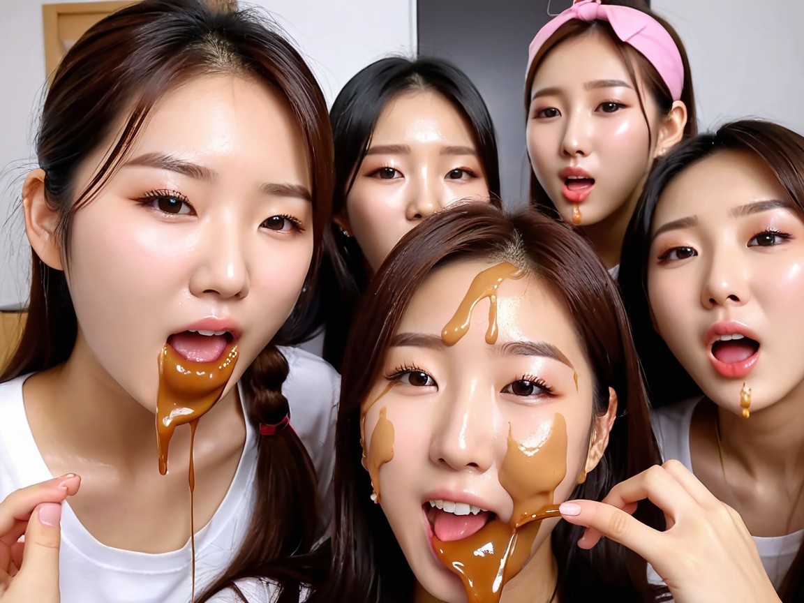 Young women playfully interacting with caramel substance