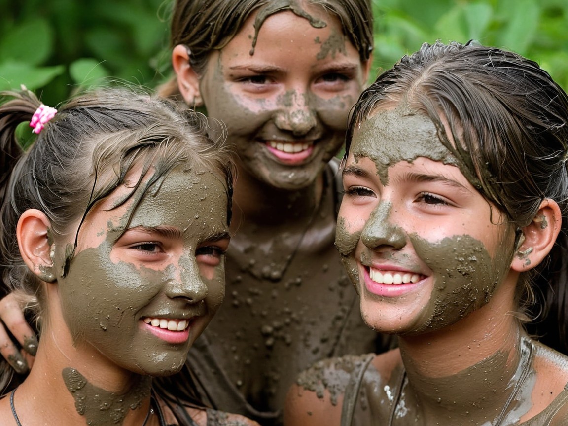 Young girls with green mud faces in outdoor setting