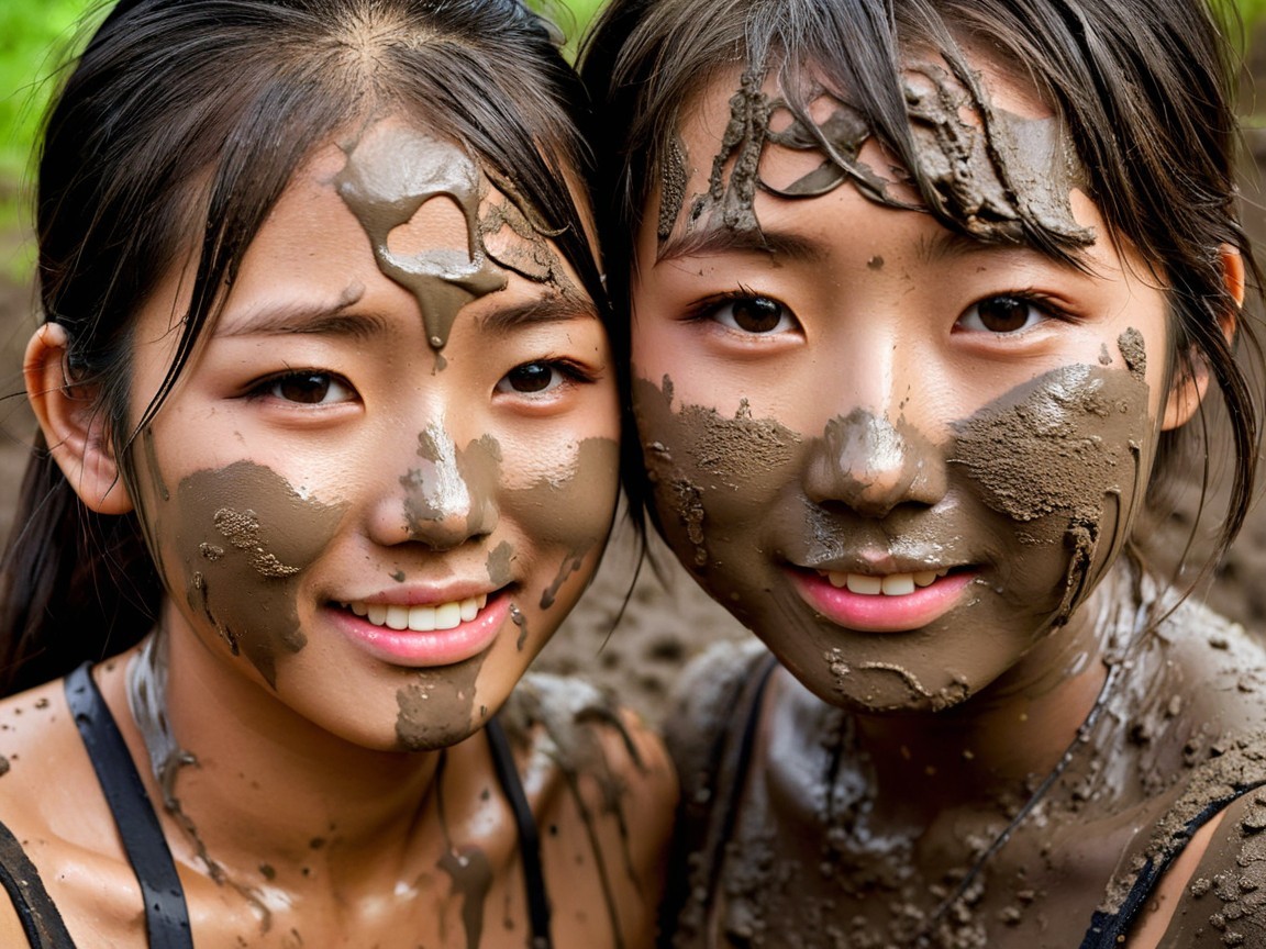 Young women with muddy faces in playful outdoor setting