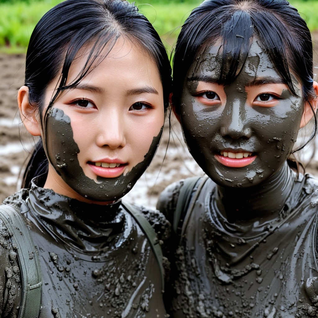 Young Women Smiling with Mud-Covered Outfits Outdoors
