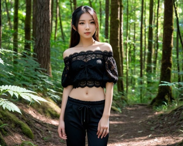 Young Woman in Stylish Outfit in Lush Forest Setting