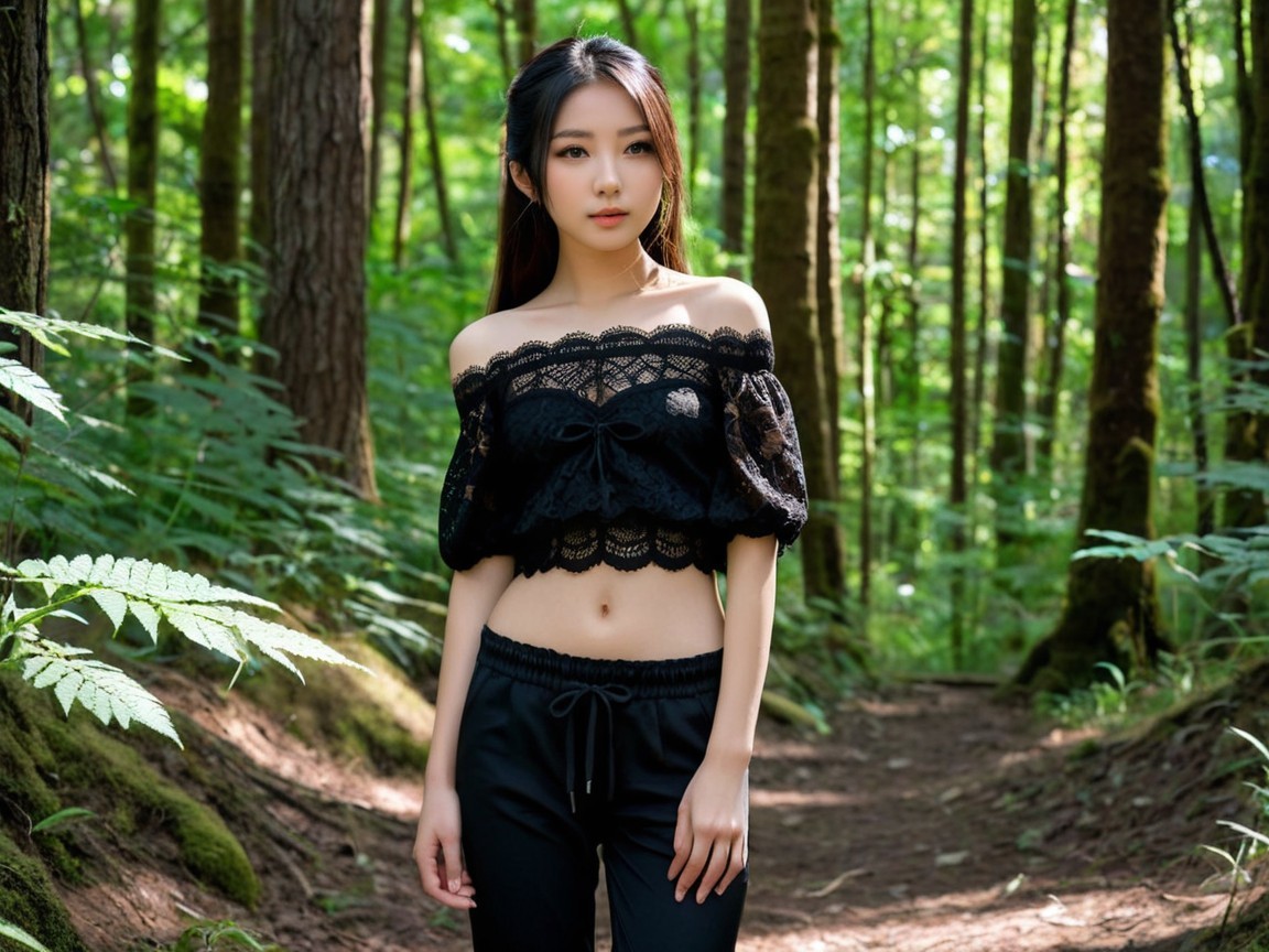 Young Woman in Stylish Outfit in Lush Forest Setting