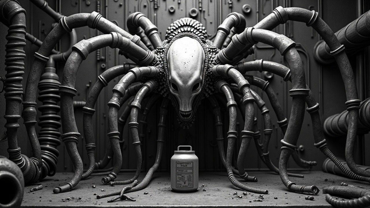Futuristic Metallic Spider Creature in Dim Lighting