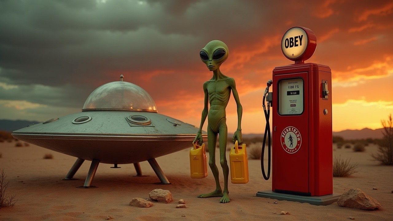 Alien Encounter at Vintage Gas Pump in Deserted Landscape