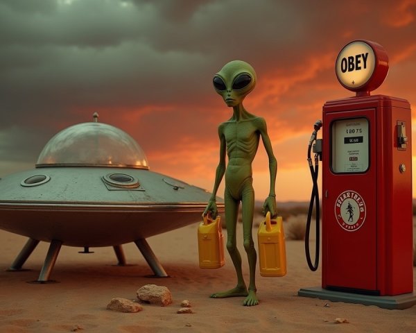 Alien Encounter at Vintage Gas Pump in Deserted Landscape