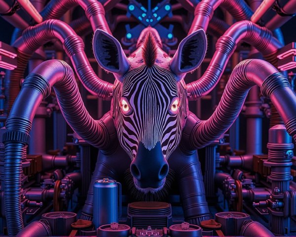 Surreal Zebra Head with Neon Lights and Machinery