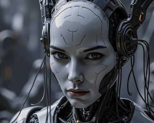 Futuristic humanoid robot with metallic features and blue eyes