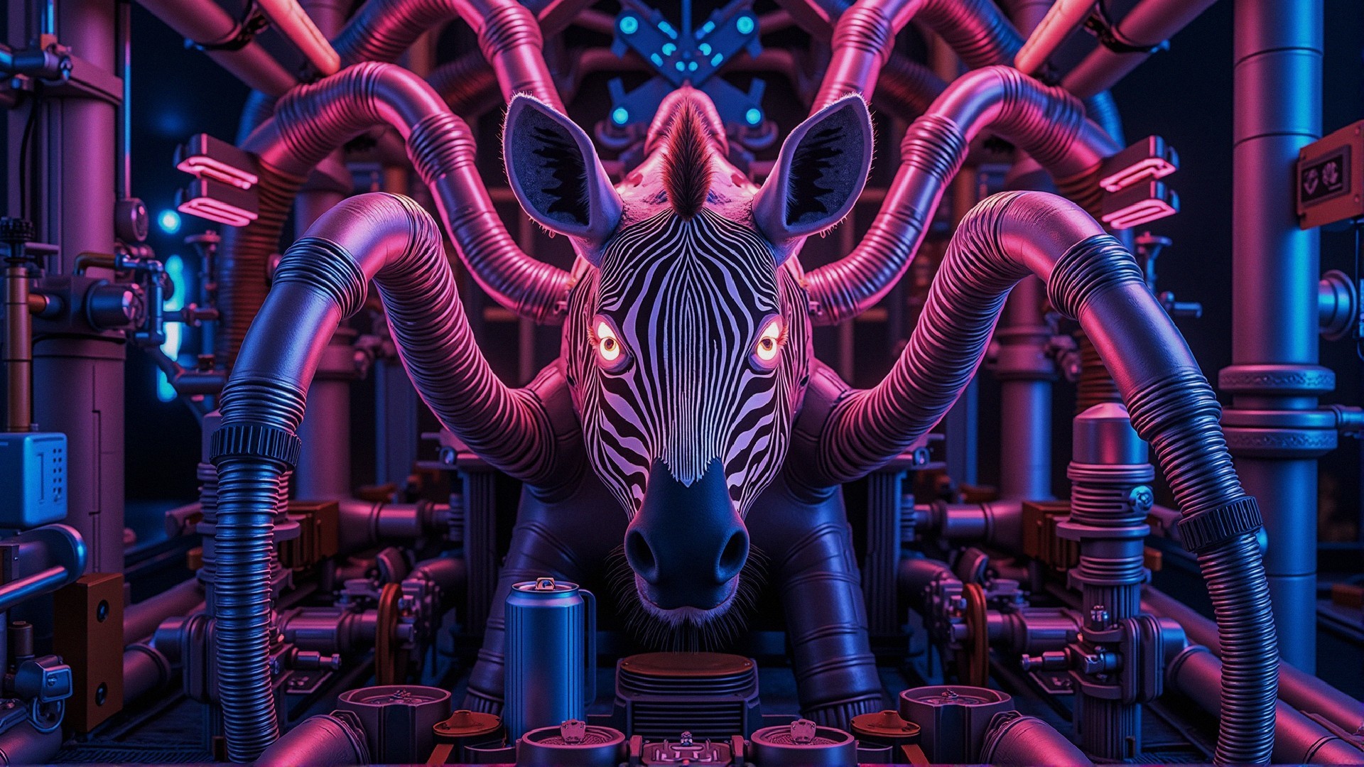Surreal Zebra Head with Neon Lights and Machinery