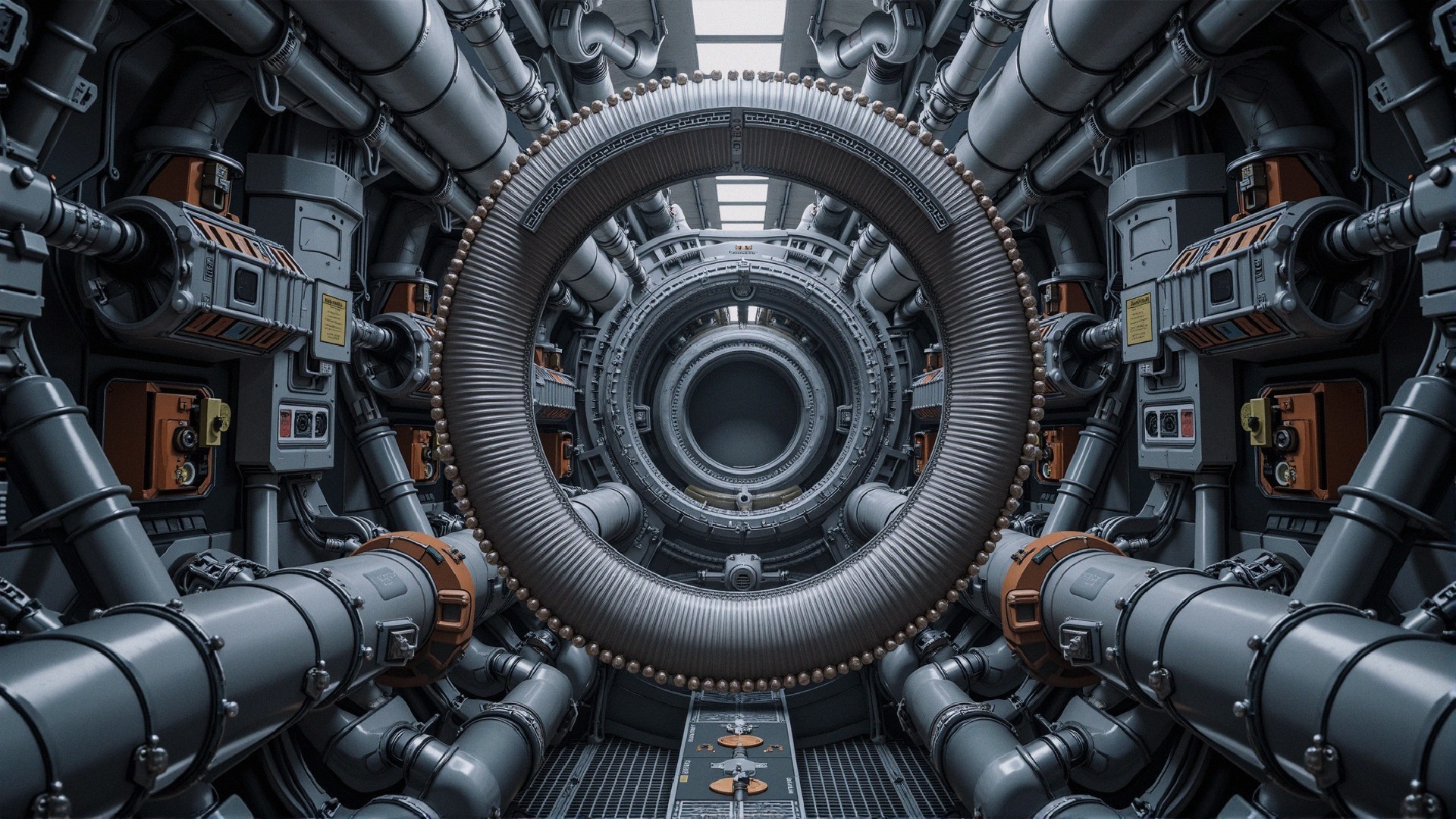 Futuristic Industrial Interior with Machinery and Pipes